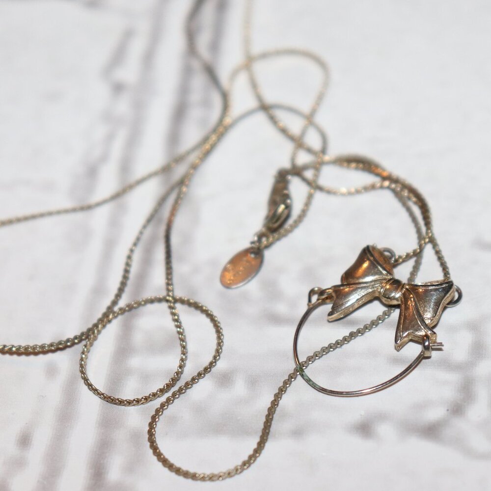 🎀✨🔗 Vintage Citation Bow Necklace · 24" · Gold-Tone · Charm-Ready